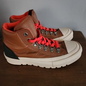 CONVERSE All Star Brown Leather Tennis Shoes Orange Laces Mens 6 - Womens 7.